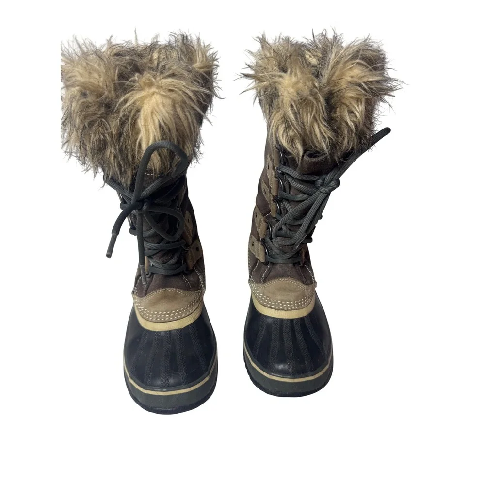 Sorel Joan of Arctic Brown Suede Waterproof Faux Fur Winter Snow Boots Womens.